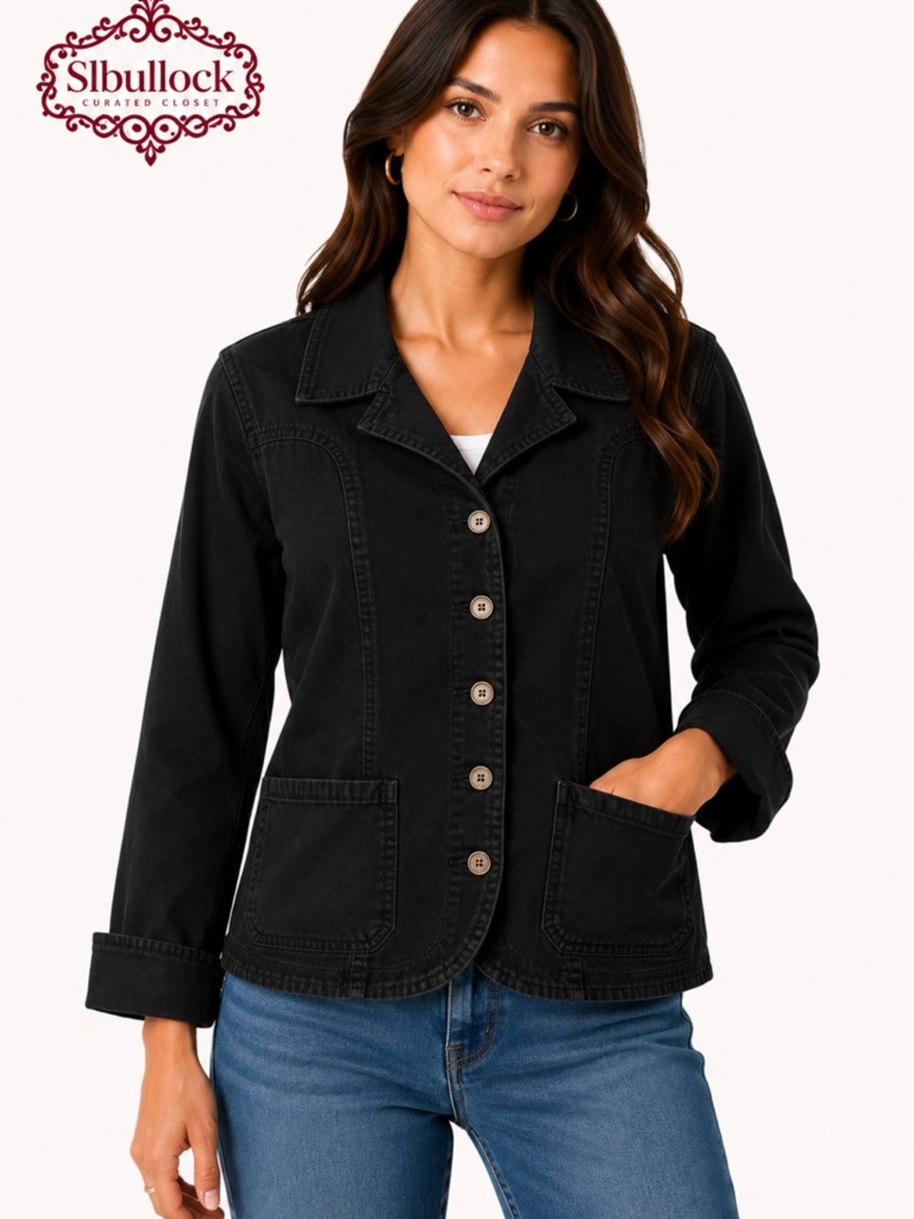 TRIA Black Stretch Cotton Utility Jacket Fold Sleeve Button Front Blazer Medium